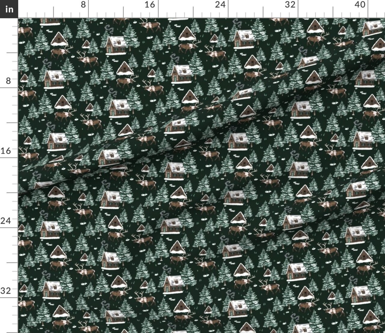 Green Cabin Winter Wonderland Christmas Reindeer Forest Cottage Snowy Alpine Holiday Cozy Chalets Custom Printed Fabric by Spoonflower Various Fabrics by the Yard or Fat Quarter
